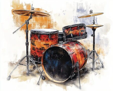 Stylized Drumming Session Artistic Display of Dynamic Drums with Rhythmic Motifs on White Surface