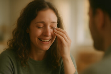 portrait of young woman smiling with tears