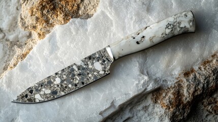 Beautiful handmade knife resting on white marble stone