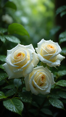 Three delicate white roses bloom with water droplets on their petals