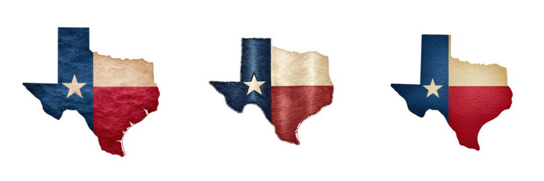Three Texas state flag maps showing different fabric textures isolated on a black background