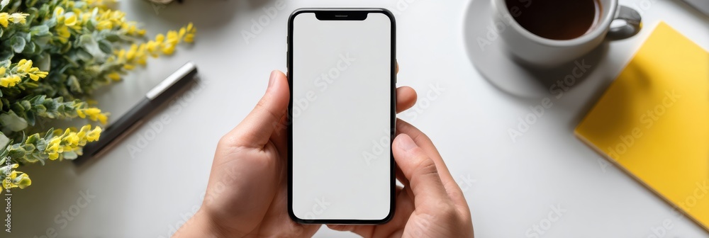 Poster close-up of thumbs texting on smartphone in minimalist desk setup during daytime in cozy environment