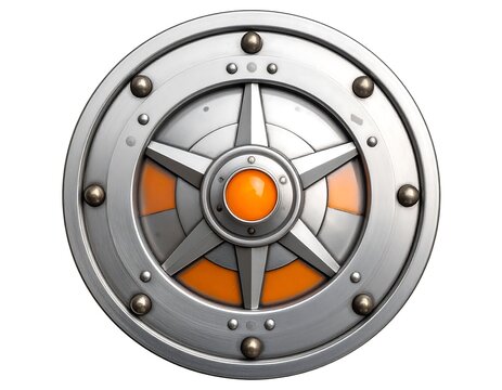 Metallic circular shield with orange center