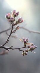 First signs of life on a bare branch, tiny pinkish-green buds in sharp detail, with cool early morning mist