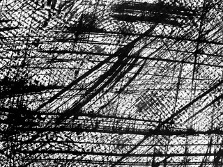 Abstract black and white lines and patterns create visual depth and texture in an artistic...