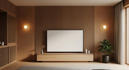 Minimalist Japanese Living Room with Wooden Tone TV Mockup in Fluted Wall Interior – Realistic 8K Render.