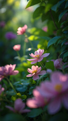Delicate pink flowers bloom in the soft sunlight of a garden