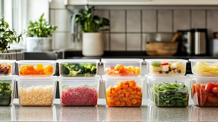 Meal prep containers neatly organized on kitchen counter filled with fresh ingredients for healthy meals