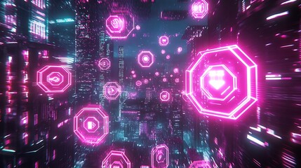 Fototapeta premium Futuristic city tunnel filled with glowing icons