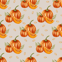 Seamless pattern with orange pumpkins in cozy autumn mood, hand-drawn in watercolor style, perfect for seasonal decor, fabric prints, wrapping paper and harvest-themed designs.