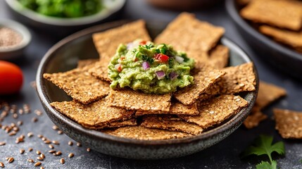 Flaxseed crackers topped with fresh guacamole served in a stylish bowl at a modern eatery