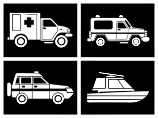 Collection of white vehicle icons on a black background