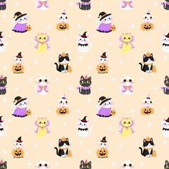 Naklejka premium Cute ghost cat Halloween seamless pattern 
