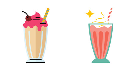 Two stylized milkshakes with straws and whipped cream on a white background