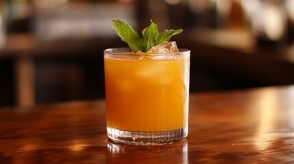 Freshly squeezed orange juice with mint garnish served in a glass at a cozy cafe