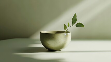 Minimalist ceramic cup rests on a table, showcasing fresh green tea and a sprig of mint in soft light