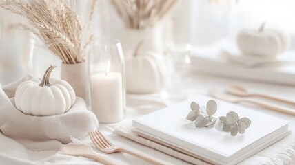 Minimalist dining scene dried neutral toned dinnerware, sleek black utensils, soft linen napkin, featuring floral arrangement highlighting elegant seasonal table decor