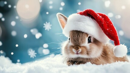 Fluffy baby rabbit dressed in festive christmas attire, sitting snugly amid softly falling snow, capturing seasonal charm