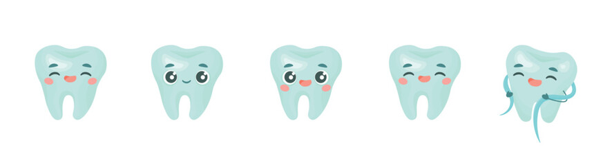 Set of happy and smiling cartoon tooth characters. Cheerful, joyful, and healthy tooth mascots. Illustrations of happy healthy teeth, good oral hygiene, and the joy of a clean and bright smile.
