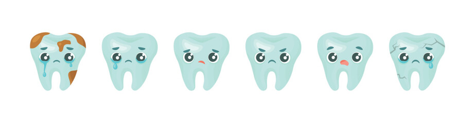 Set of sad and crying cartoon tooth characters. Illustration of dental problems, including a sick, decayed tooth that is crying. Other characters show sadness, sorrow, and worry, representing pain