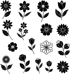 Collection of diverse black floral silhouettes isolated on transparent background