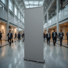 The professional trade show setting features a blank roll-up banner display in a modern convention center, complemented by bright lighting and a blurred background.