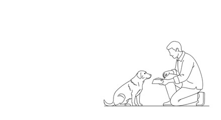 Man feeding dog in minimal black and white line illustration