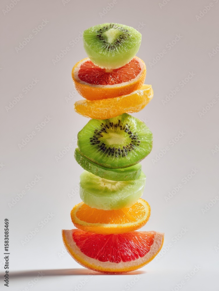 Poster vertical stack of colorful fruit slices arranged creatively in a totem shape against a neutral backg