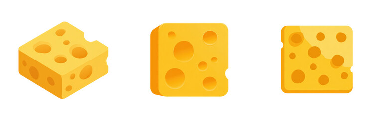 Three chunks of porous yellow cheese on transparent background