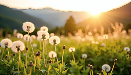 Obraz premium Sunlit Dandelion Field at Sunrise with Mountains