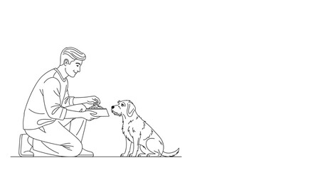 Man feeding dog in minimal line art illustration on white background