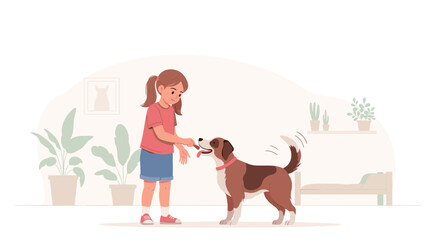 Fototapeta premium Little girl playing with dog indoors in soft colorful illustration