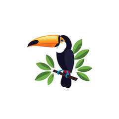 Fototapeta premium Stylized Toucan Perching with Orange Beak on Branch with Green Leaves on Transparent Background