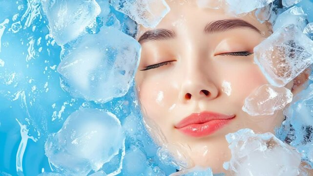 Young woman with closed eyes surrounded by ice cubes, representing skincare and refreshing beauty technique. Smooth skin with water droplets, soft blue background.
