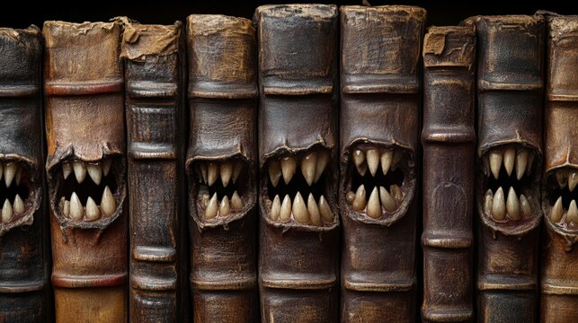 Scary toothy books biting in the dark, a spooky library concept