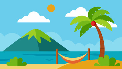 Cartoon Tropical Island with Palm Trees and Volcano