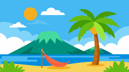 Cartoon Tropical Island with Palm Trees and Volcano