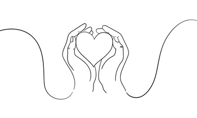 Heart in women's hands, continious line drawing. Love, charity, help, support outline. Vector illustration