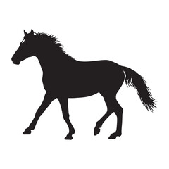 Fototapeta premium Elegant black silhouette of a horse galloping against a pure white background