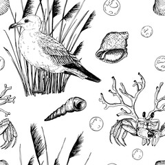 Black and white marine seamless pattern with a seagull standing among reeds, surrounded by seashells, a crab, coral, and bubbles. Vector illustration. Hand drawn style perfect for nautical designs.