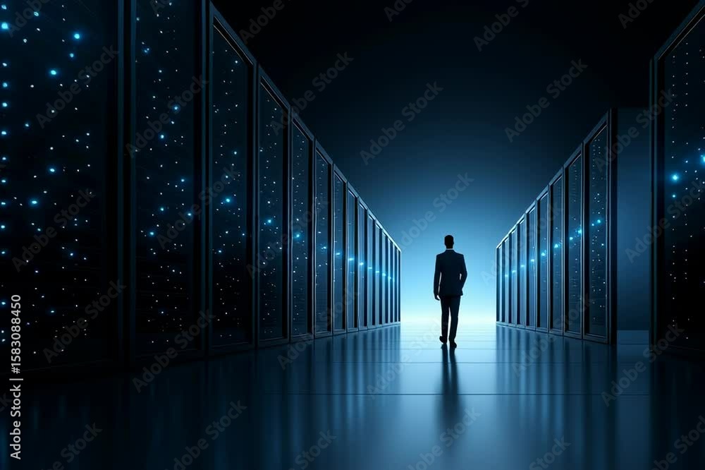 Poster futuristic data center with glowing server racks and digital network technology showcasing advanced 