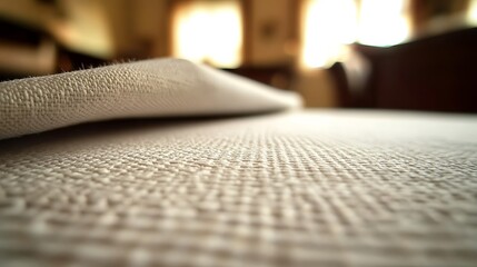 Detailed view of a textured cream fabric with soft light and blurred background