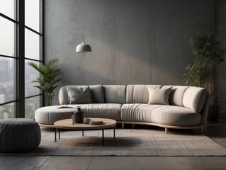 Round curved grey sofa against concrete wall with wooden decor. Loft, minimalist home interior