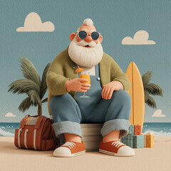 Stylized 3D character of a modern Santa Claus vacationing at the beach, dressed casually in overalls and sneakers, holding a tropical drink. Set against a sunny coastal backdrop with surfboard