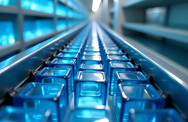 Obraz premium tightly framed shot captures mesmerizing array intricately arranged blue glass cubes nestled snugly within metal track