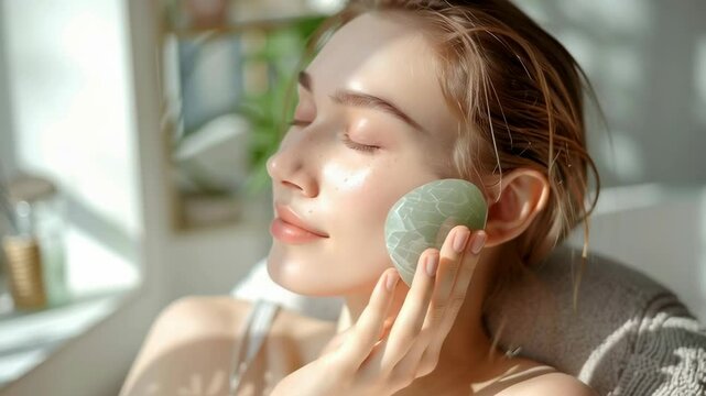 A woman enjoys a relaxing jade roller facial massage in a sunlit, serene setting.