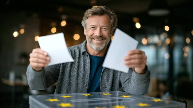 Mature man in casual attire confidently placing a ballot paper into a transparent ballot box adorned with European Union stars, surrounded by softly blurred polling station interio
