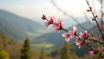 Branch of pink blossoms in focus mountains blurred in the background