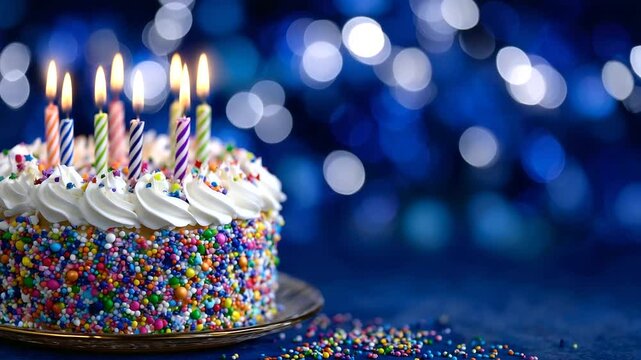 Vibrant birthday cake covered in rainbow sprinkles and topped with glowing candles, set against a rich dark blue background with subtle bokeh lights, radiating warmth, festivity, a