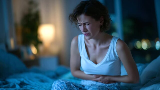 Woman sits on edge of bed clutching belly, intense warm glow from abdomen contrasts with cool blue lighting of the room, symbolizing internal vs. external discomfort